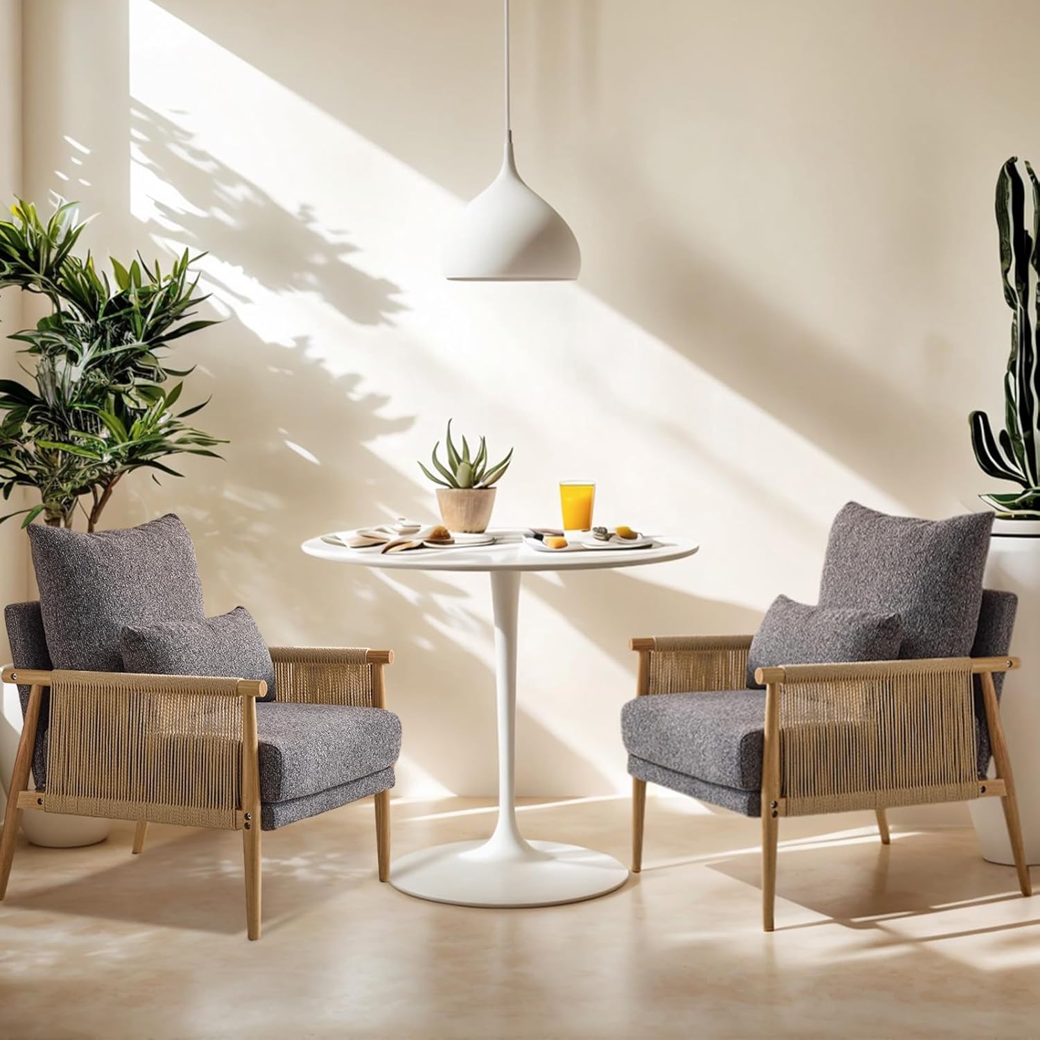 VINGLI Boho Braid Accent Armchairs Set of 2,Mid-Century Modern Chiars with Solid Wooden