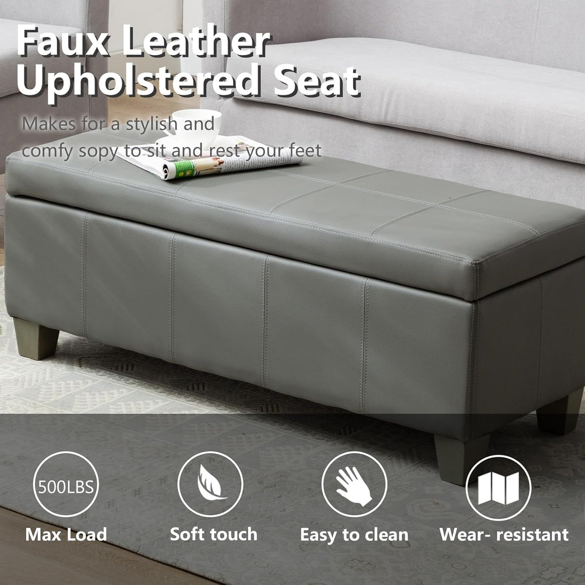 Grey Faux Leather Ottoman with Storage, Rectangular Extra Long Storage Bench for Bedroom and Living