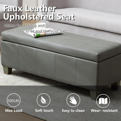 Grey Faux Leather Ottoman with Storage, Rectangular Extra Long Storage Bench for Bedroom and Living