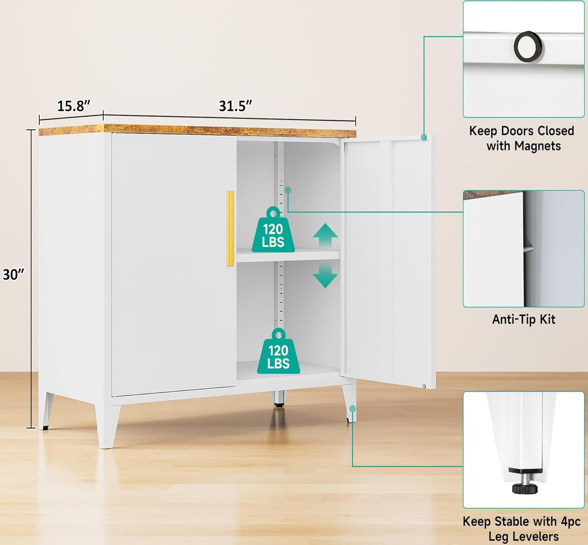 SISESOL White Storage Cabinet with Doors and Shelves,30 inch Small Pantry Cabinet Sideboard with