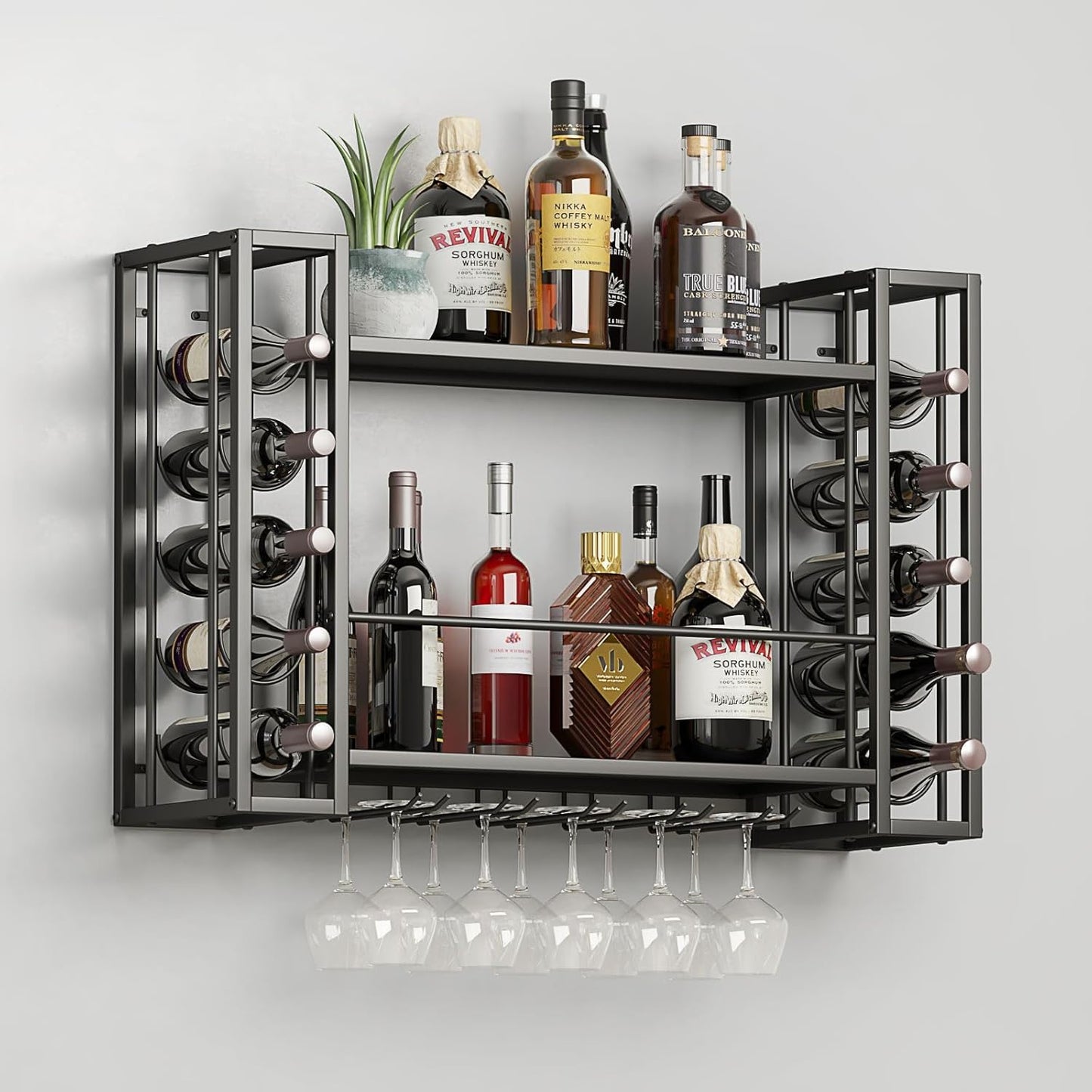 Wall Mounted Wine Rack, Wine Rack Wall Mounted with Wine Glass Rack, 2-Tier Multi-Functional Shelf
