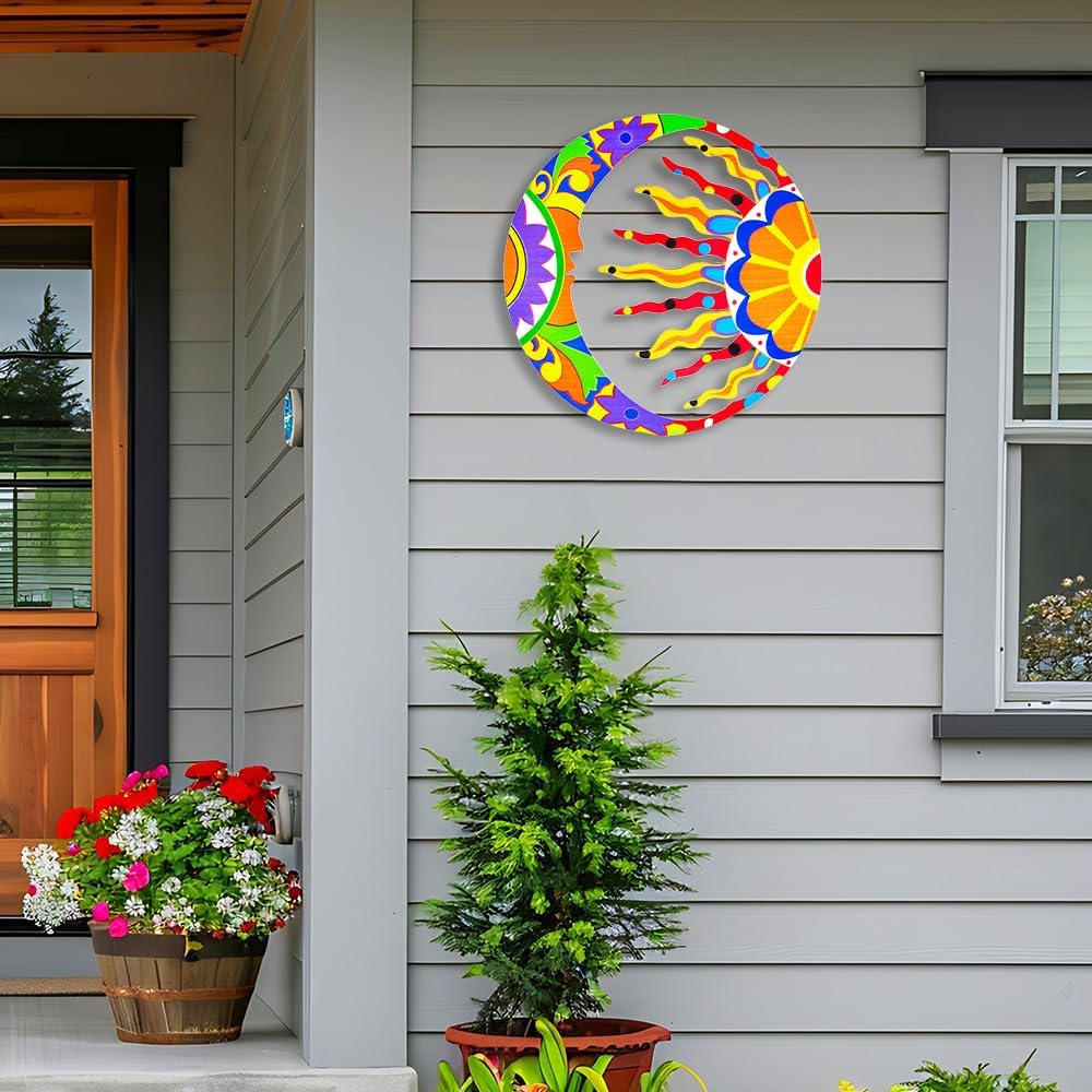 Akulgaci Metal Sun Wall Art Decor, Mexican Talavera Style Sunface Garden Outdoor Indoor Hanging