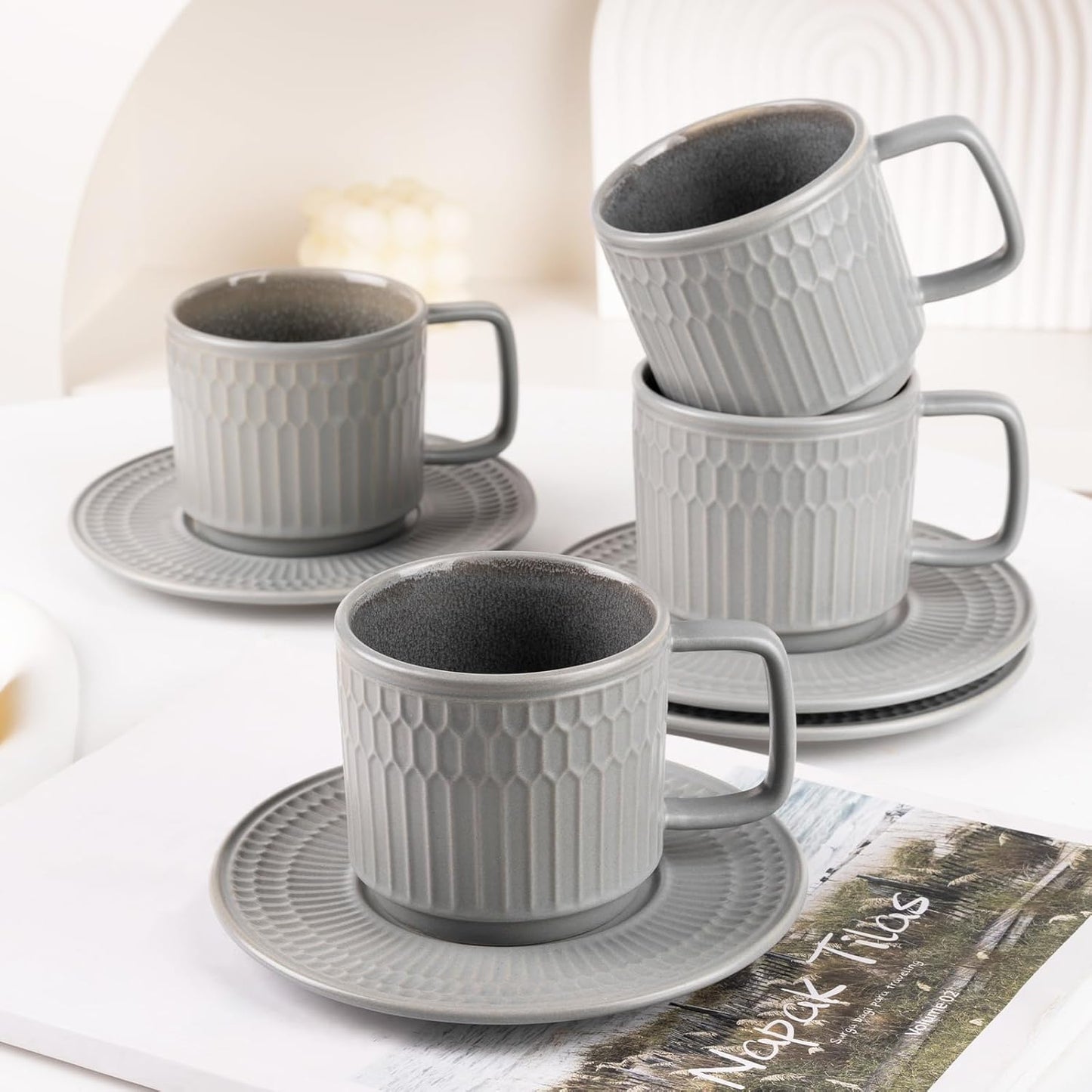 Large Cappuccino Cups with Saucers Set of 4, 8 Ounce Stackable Embossed Ceramic Coffee Mugs for