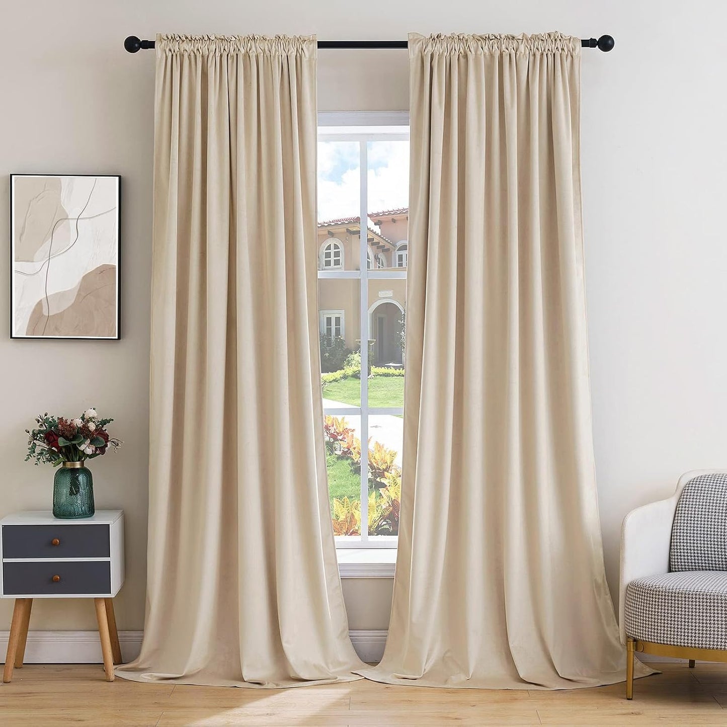 MIULEE Beige Velvet Curtains Thermal Insulated Blackout Curtain Drapes for Bedroom Living Room