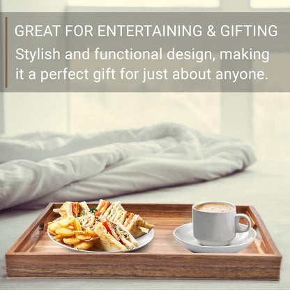 Acacia Wood Serving Tray with Handles Set of 2 – Decorative Serving Trays Platter for Breakfast in