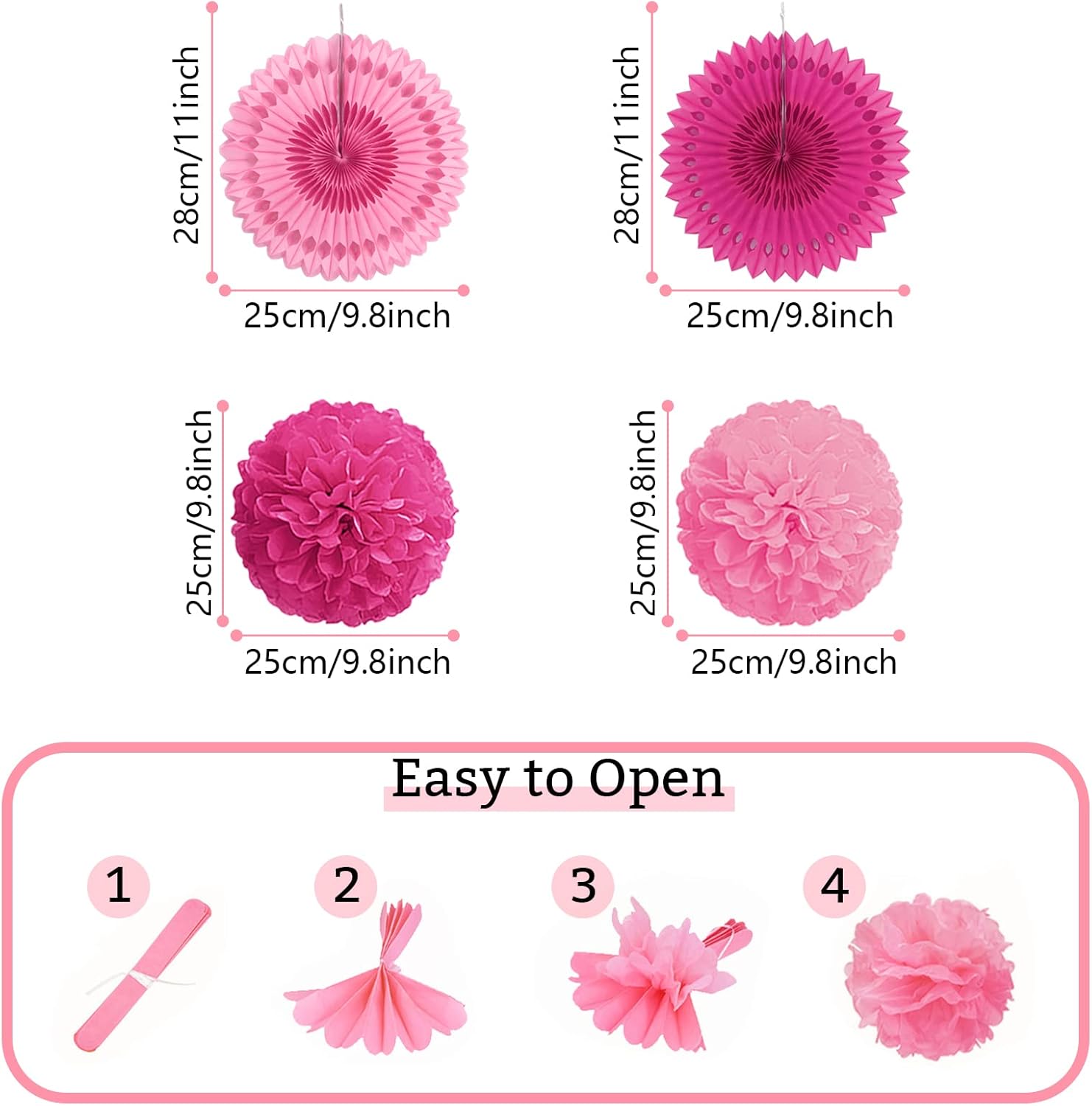 Party Decorations, Pink Papar Fans Pompoms Garlands for Women Girls Mothers Day Bachelorette