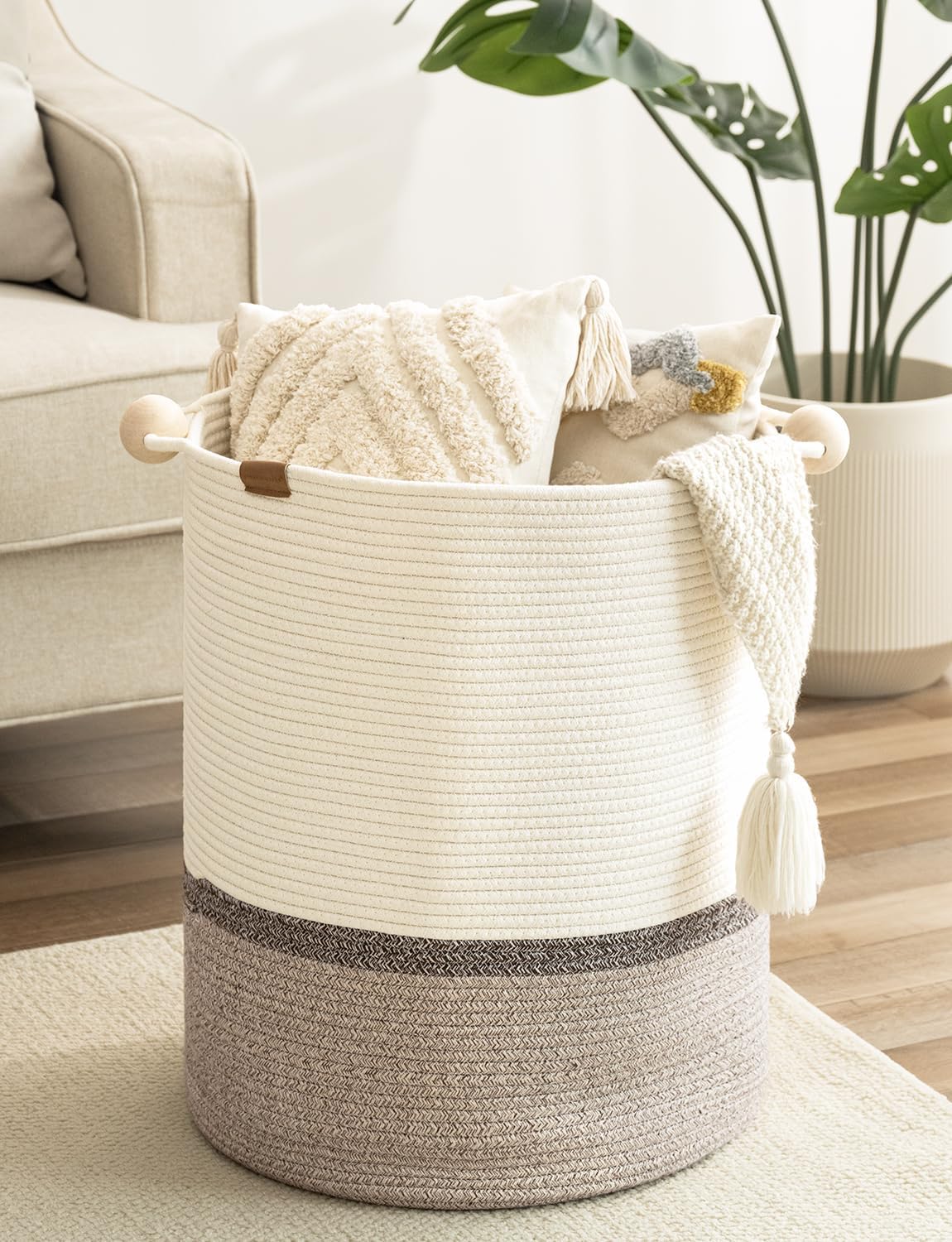 StorageWorks 72L Cotton Rope Laundry Basket with Wooden Beads Handles, Woven Basket for Storage