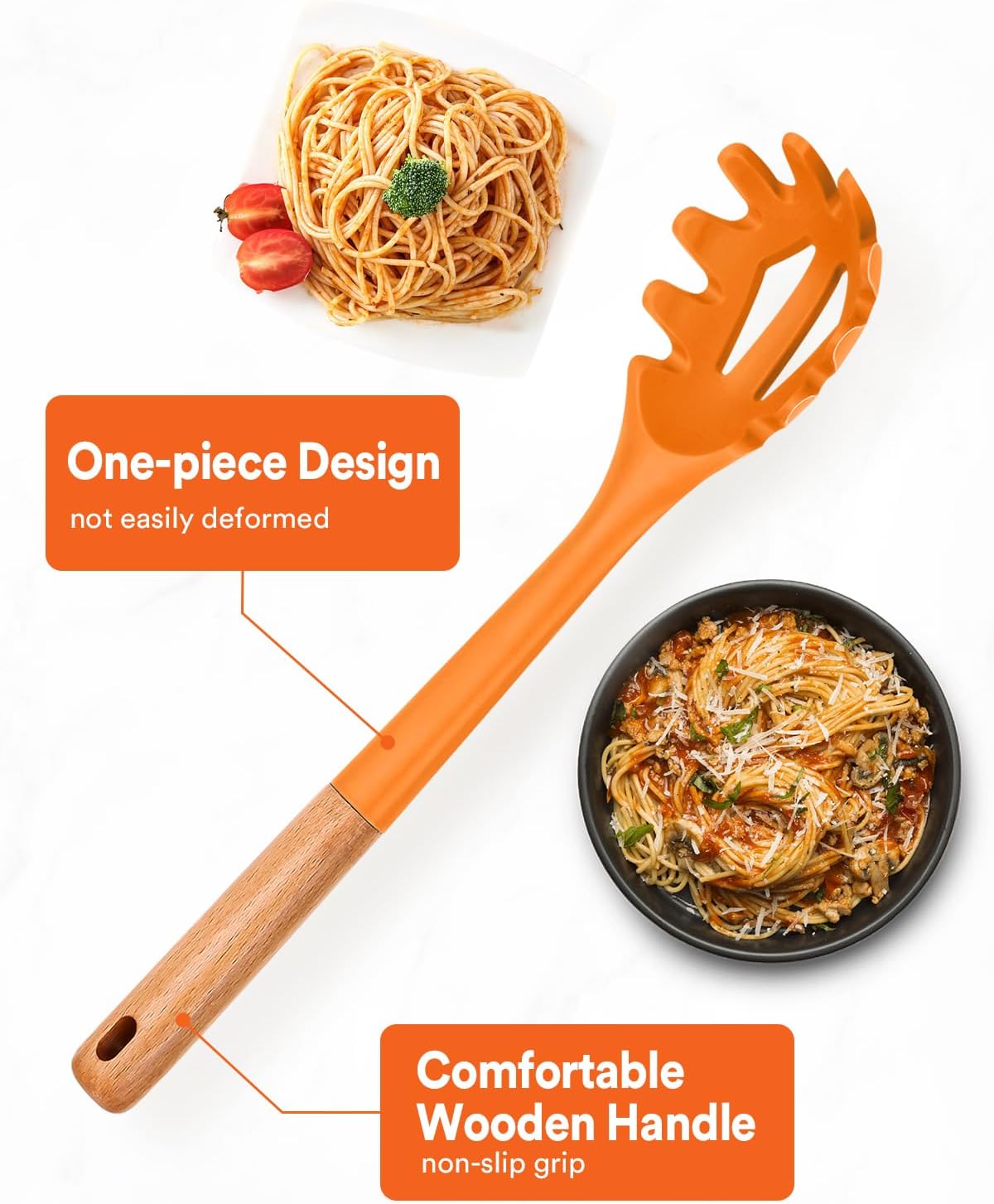 Silicone Pasta Fork, Kitchen Heat Resistant Noodle Spoon Server, BPA Free Spaghetti Strainer,12.8
