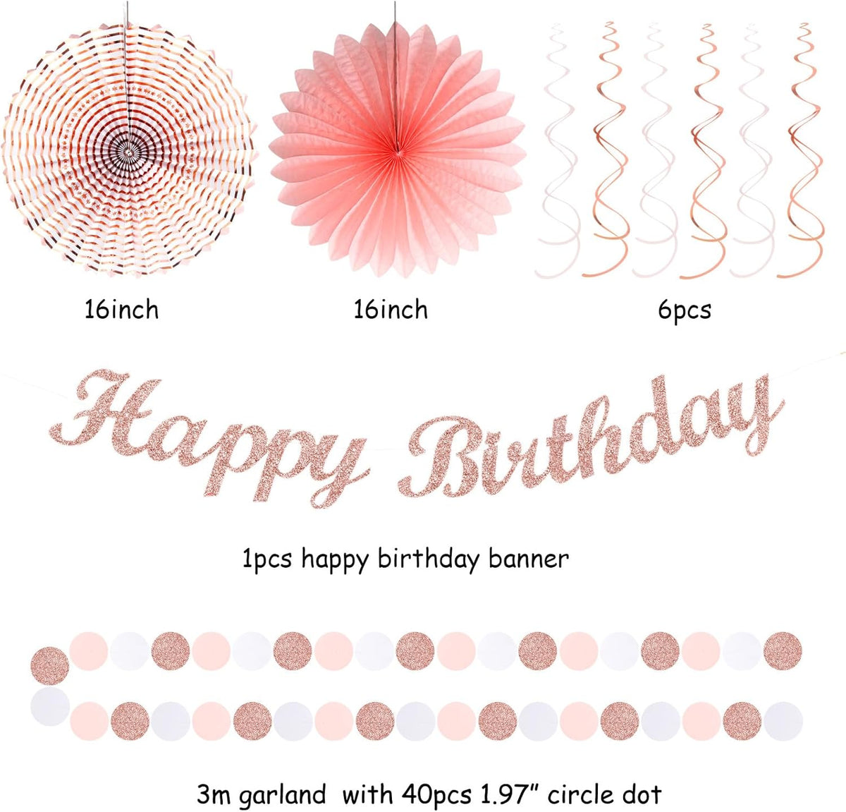 Pink White Rose-Gold Birthday Party-Decorations - 21pcs Happy Banner, Paper Lanterns,Tissue Pom