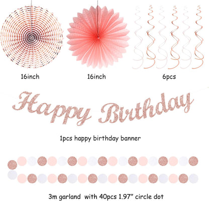 Pink White Rose-Gold Birthday Party-Decorations - 21pcs Happy Banner, Paper Lanterns,Tissue Pom