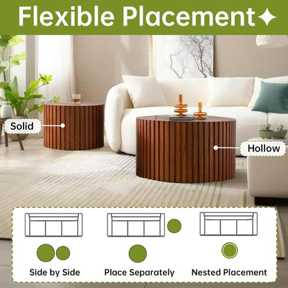 Round Nesting Coffee Table, Drum Wood Coffee Table Set of 2 Brown, Modern Fluted Nesting Tables