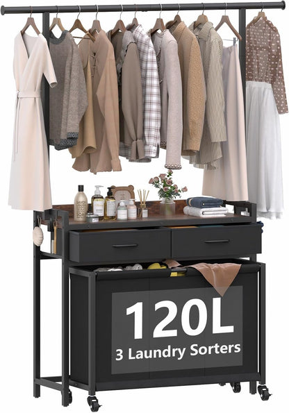 Laundry Sorter Hamper with Hanging Cloth Rack, Laundry Basket with 3 Section Pull-Out Rolling Bags