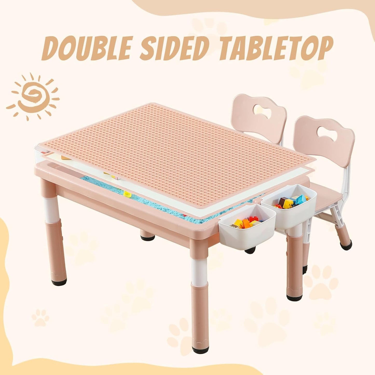 Multi Functional Kids Table and 2 Chairs Set, Graffiti & Building Blocks Double-Sided Tabletop