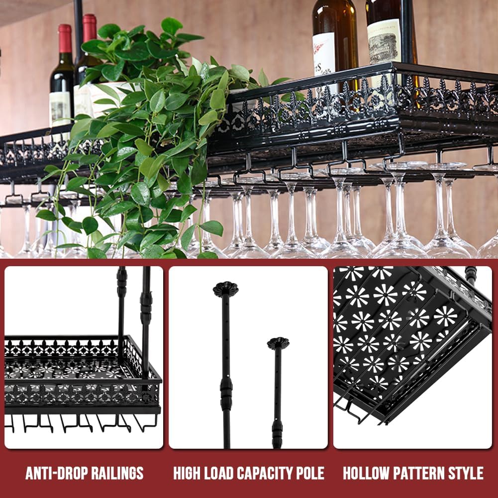 Hanging Wine Rack with Glass Holder, Ceiling Wine Glass Rack 13.78-21.65 inch Height Adjustable
