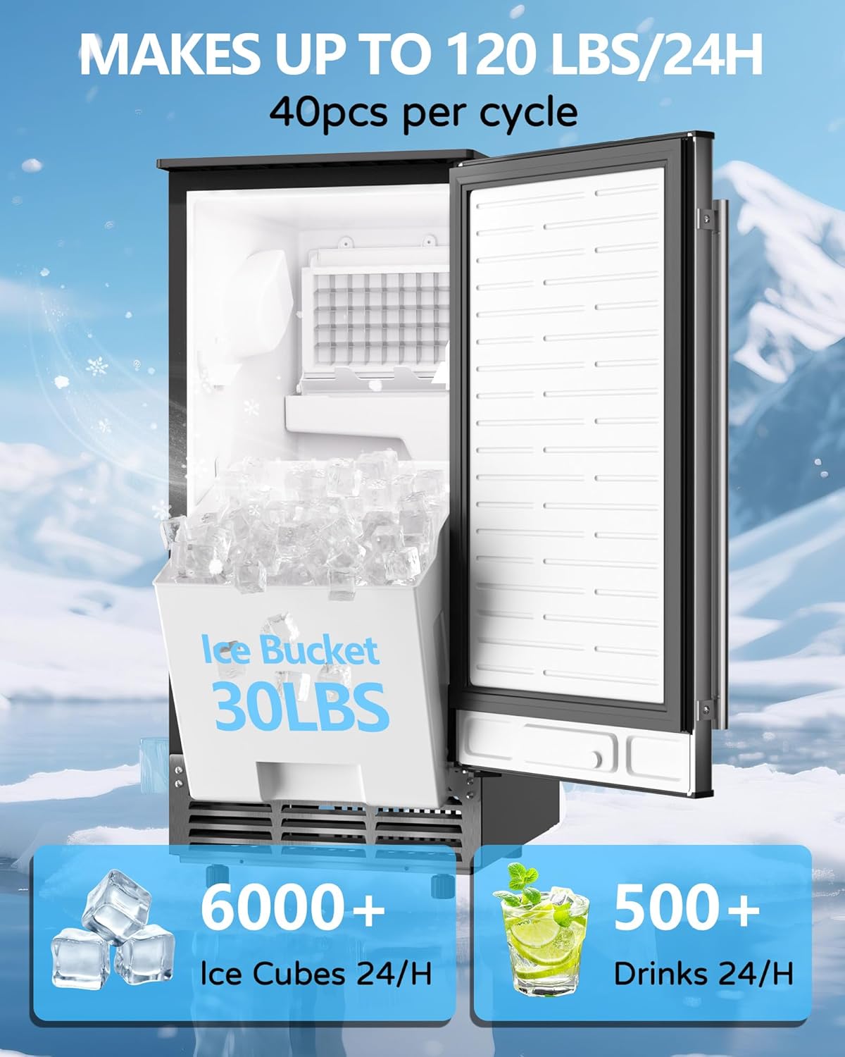 Commercial Ice Maker Machine Reversible Door 120LBS/Day, Undercounter Ice Makers 30LBS Storage Bin