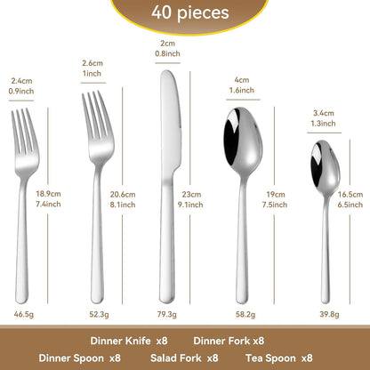 40 Piece Heavy Duty Silverware Set for 8, 18/10 Stainless Steel Flatware, Stainless Steel