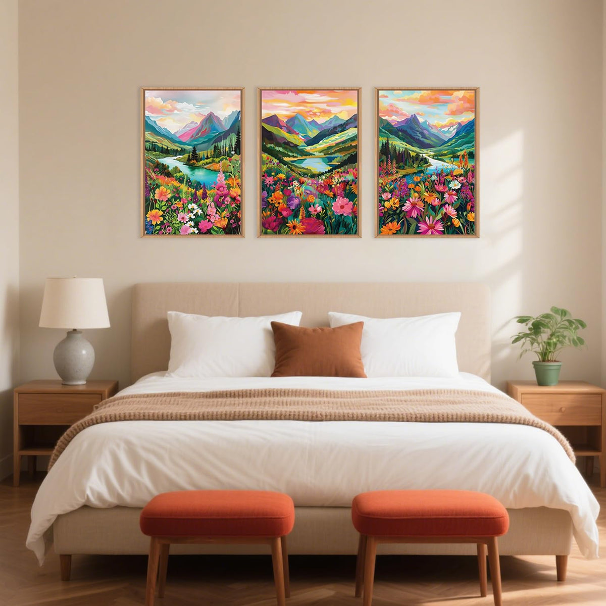 Celestdeco Wildflower Blossom Framed Canvas Wall Art Set, Colorful Flowers Painting, Abstract