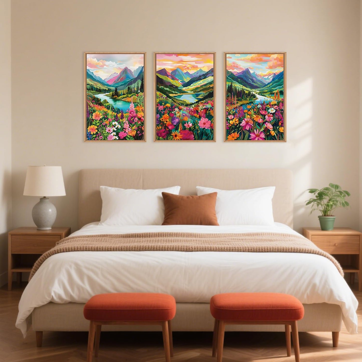 Wildflower Blossom Framed Canvas Wall Art Set, Colorful Flowers Painting, Abstract Landscape Wall