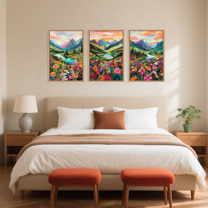 Wildflower Blossom Framed Canvas Wall Art Set, Colorful Flowers Painting, Abstract Landscape Wall