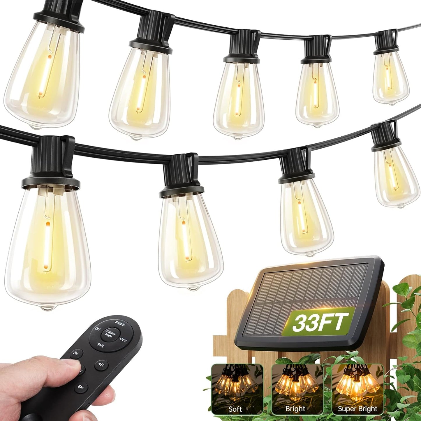 addlon 33(27+6) FT Solar String Lights Waterproof,Patio Light Solar Powered with Remote& USB Port