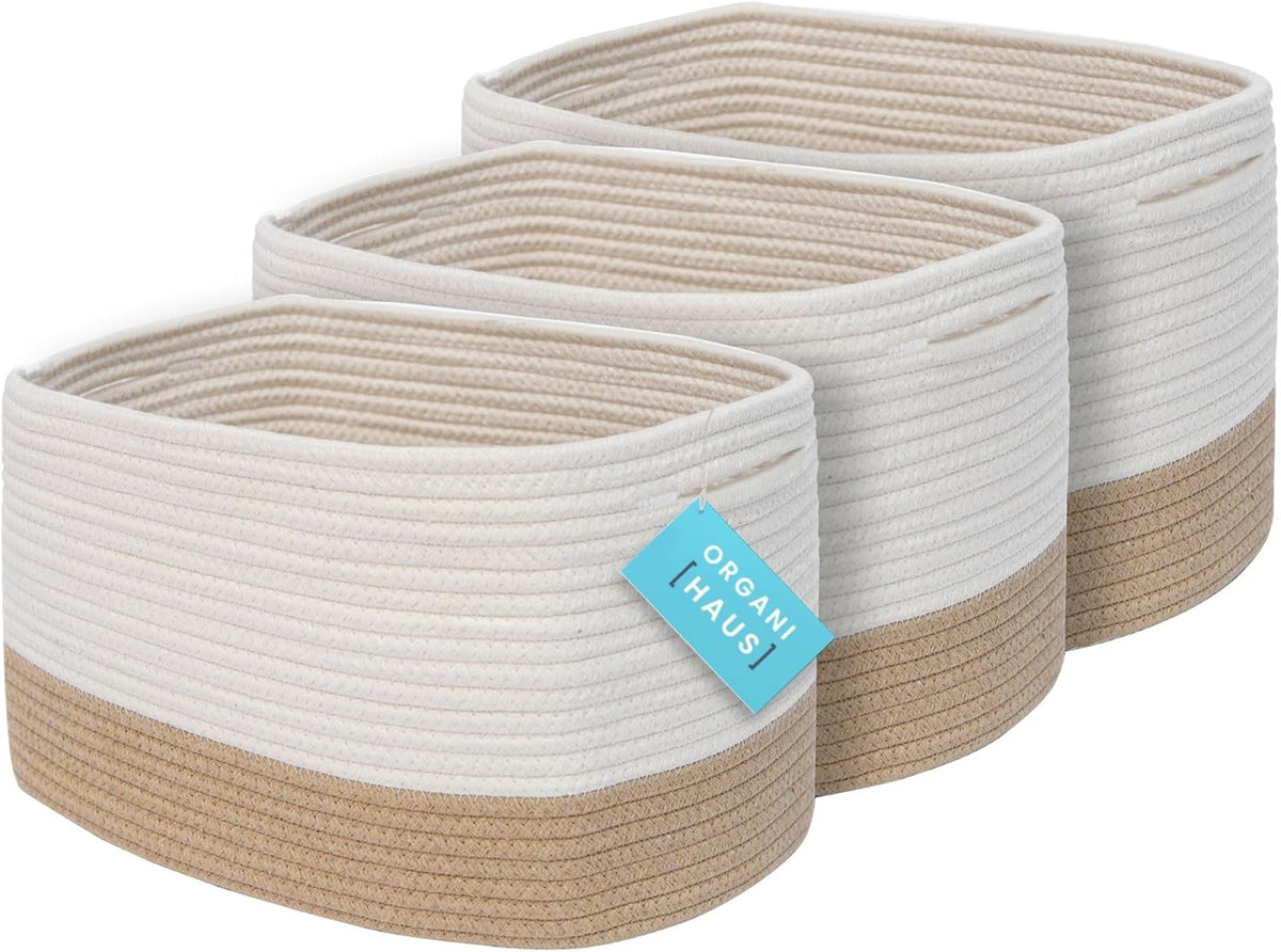 OrganiHaus Set of 3 Woven Storage Baskets for Organizing, Cotton Rope Organizer Bins for Shelves