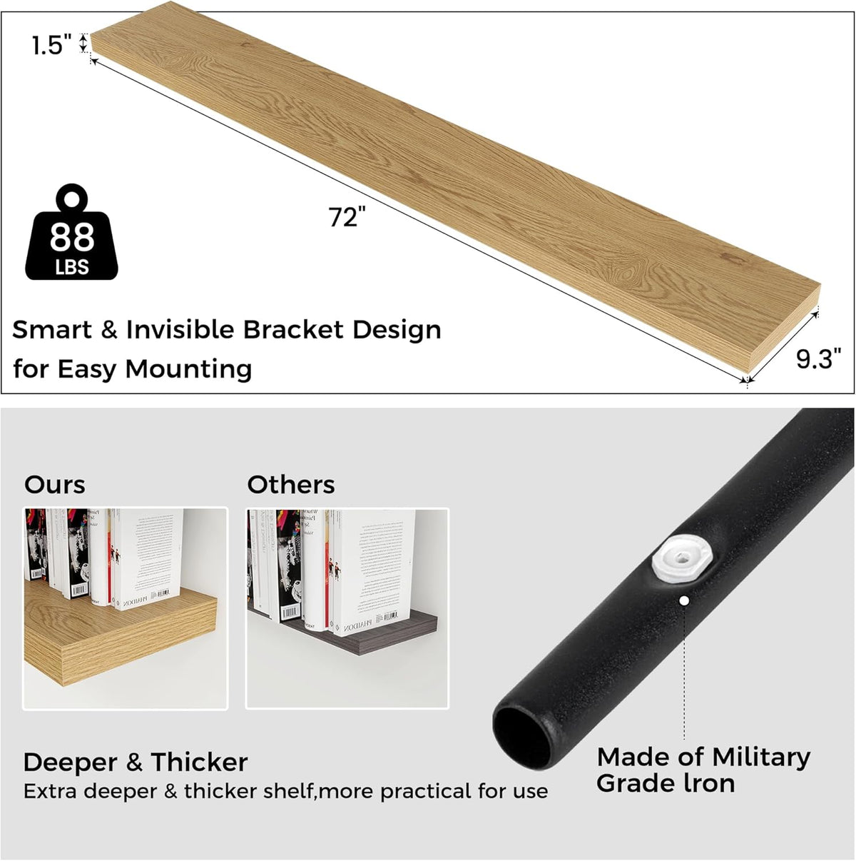 Floating Shelves for Wall, Large Wall Mounted Shelves with Invisible Brackets, Long Wood Floating