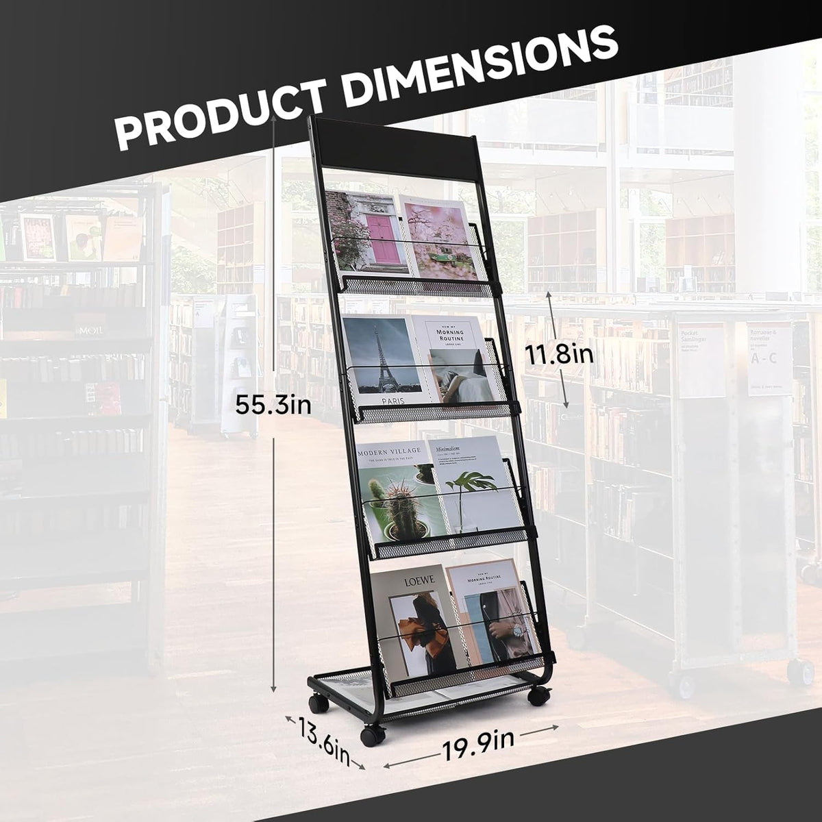 Floor-Standing Magazine Rack 4-Layer with Wheels, Brochure Display Stand for Exhibitions, Office
