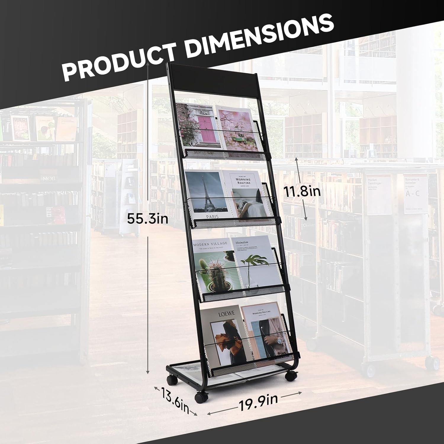 Floor-Standing Magazine Rack 4-Layer with Wheels, Brochure Display Stand for Exhibitions, Office