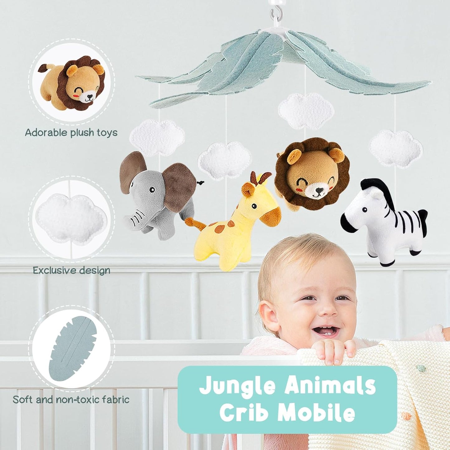 Animals Crib Mobile for Boys & Girls - Safari Baby Mobile for Crib with Upgraded 3-Mode Music Box