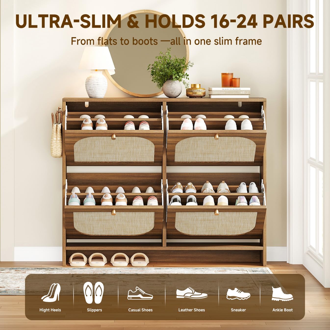 Nicetree Freestanding Ultra Slim Arched Rattan Accent Shoe Storage Cabinet for Entryway - 4 Flip