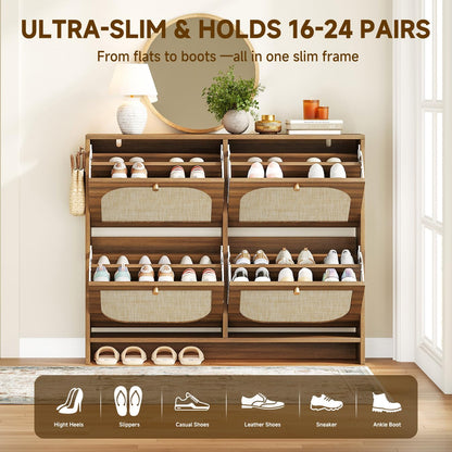 Nicetree Freestanding Ultra Slim Arched Rattan Accent Shoe Storage Cabinet for Entryway - 4 Flip
