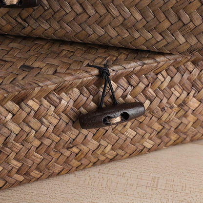 Hipiwe Set of 2 Flat Woven Wicker Storage Bins with Lid Seagrass Basket