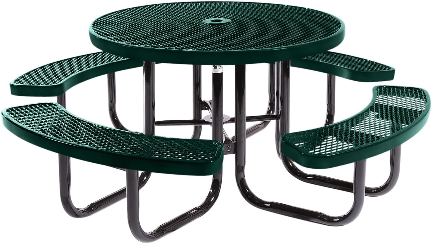 Heavy-Duty Portable Outdoor Picnic Table with Umbrella Hole, Expanded Metal Commercial-Grade Patio