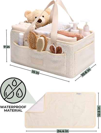 Baby Diaper Caddy Organizer with Portable Changing Mat - Teddy Fleece Diaper Organizer for Changing
