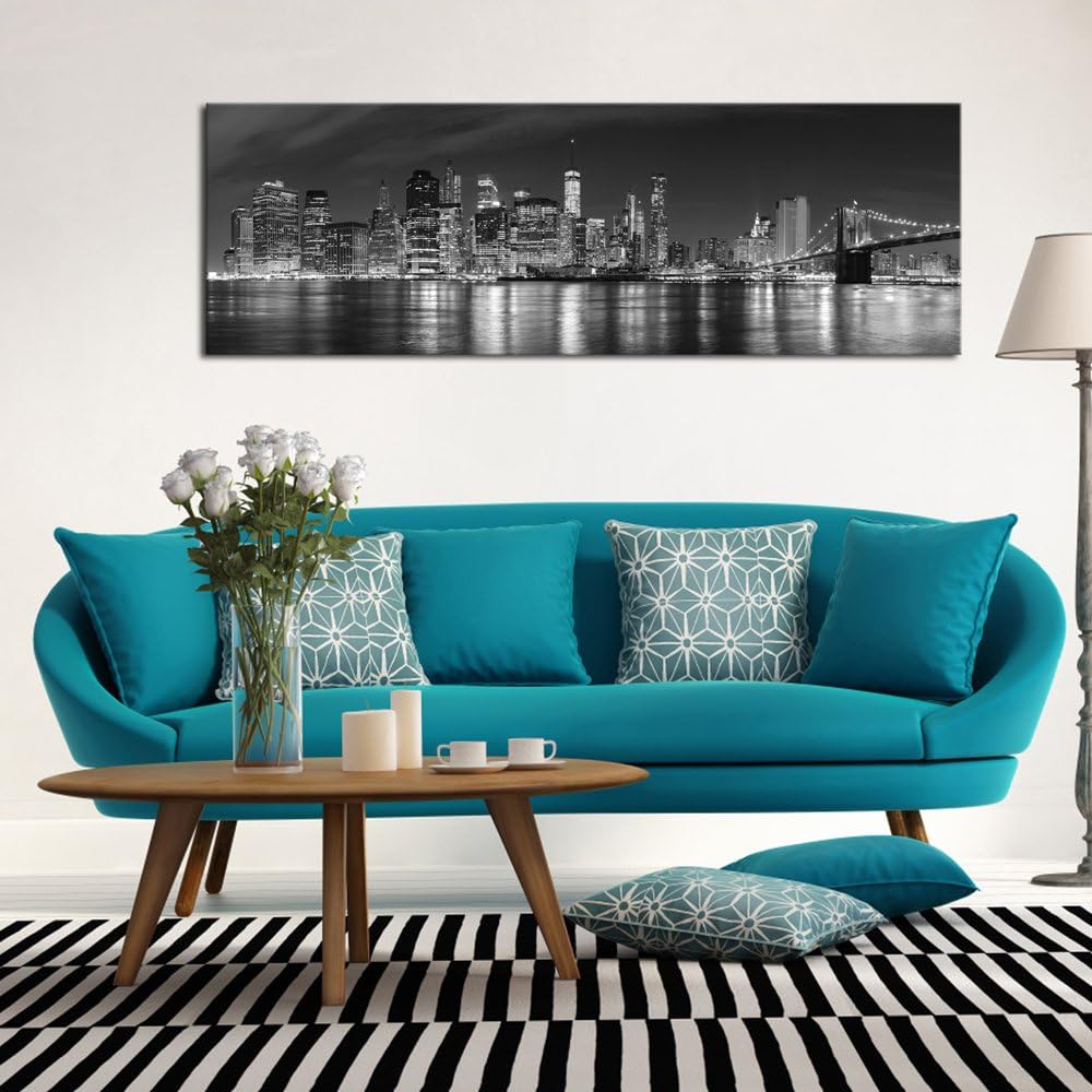 Wieco Art New York Manhattan Night View in Black and White Giclee Canvas Prints Modern Stretched