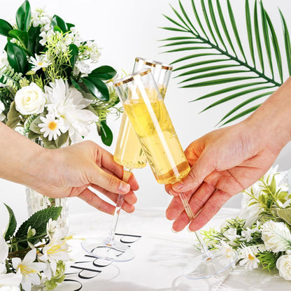 Ciaell 24 Pack Plastic Champagne Flutes - 6Oz Gold Rim Disposable Champagne Glasses - Square Clear