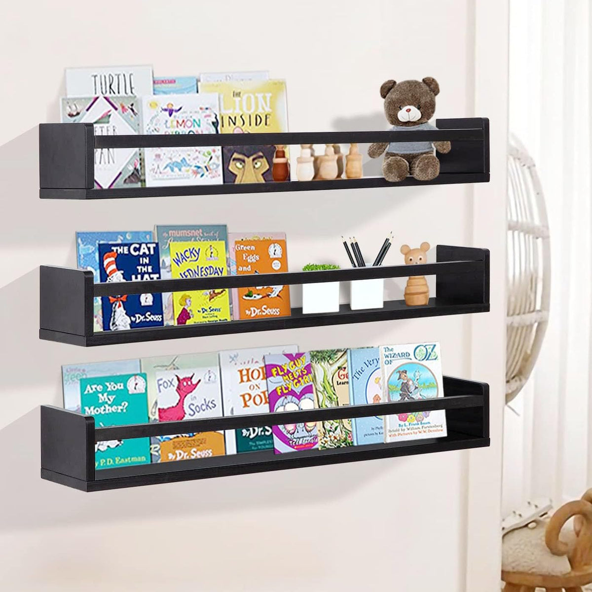 AZSKY Black Nursery Bookshelves for Wall Hanging Kids Bookshelf Baby Book Shelf Organizer Wall