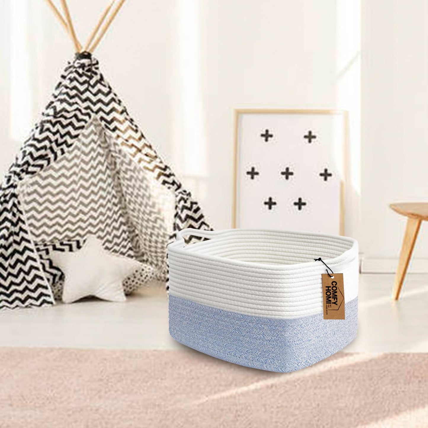 COMFY-HOMI Cotton Rope Woven Basket with Handles for shelf，Toy, Book, Cloth Storage Basket for