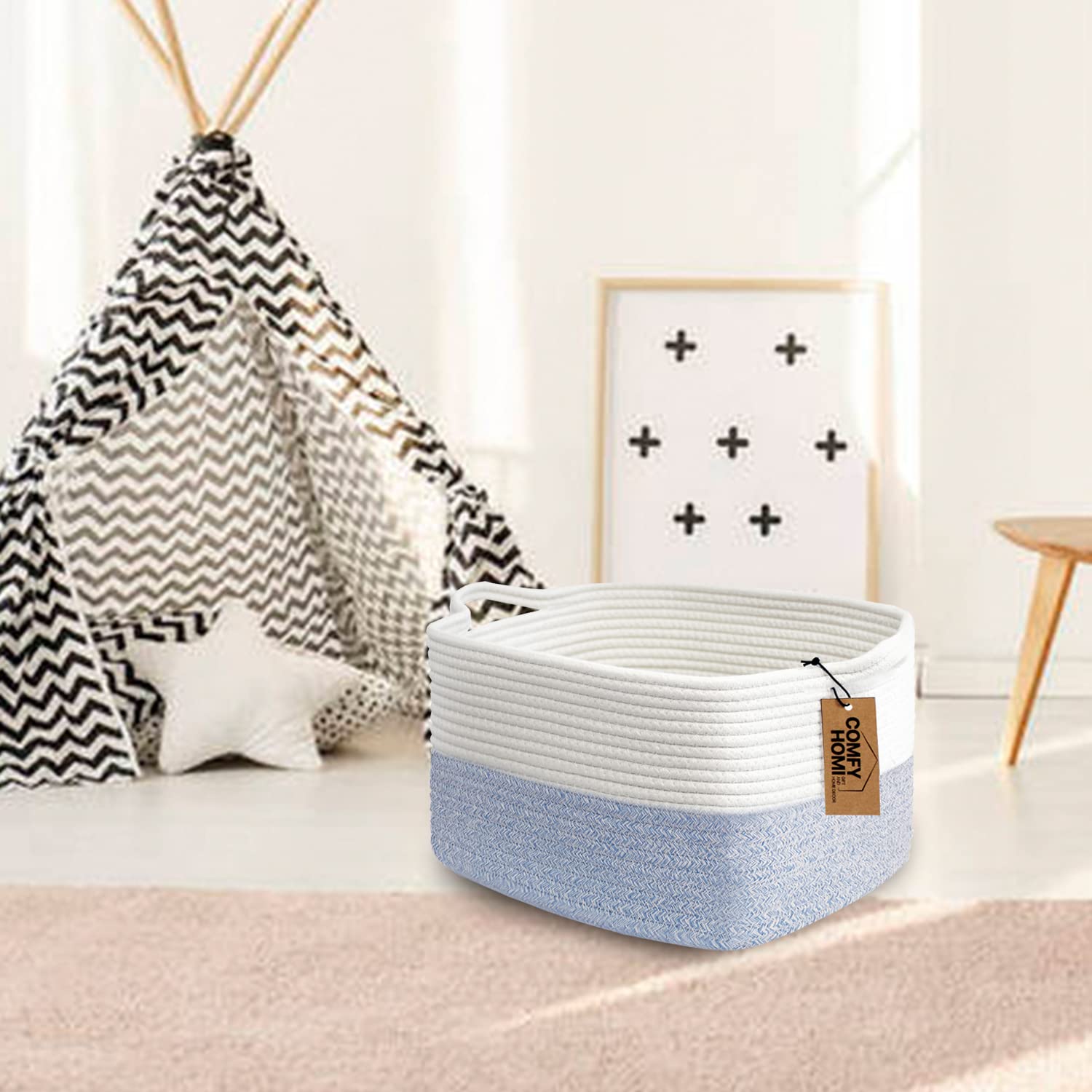 COMFY-HOMI Cotton Rope Woven Basket with Handles for shelf，Toy, Book, Cloth Storage Basket for