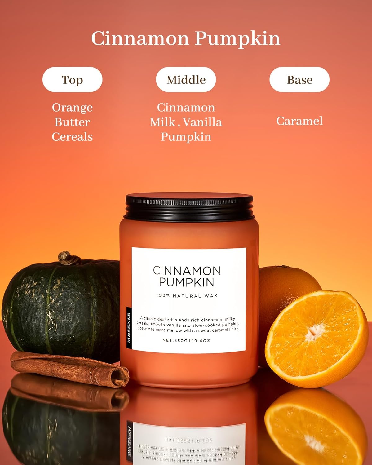 M&SENSE Cinnamon Pumpkin Fall Scented Candles, 19.4oz Soy Natural Candles 110 Hours Long Lasting