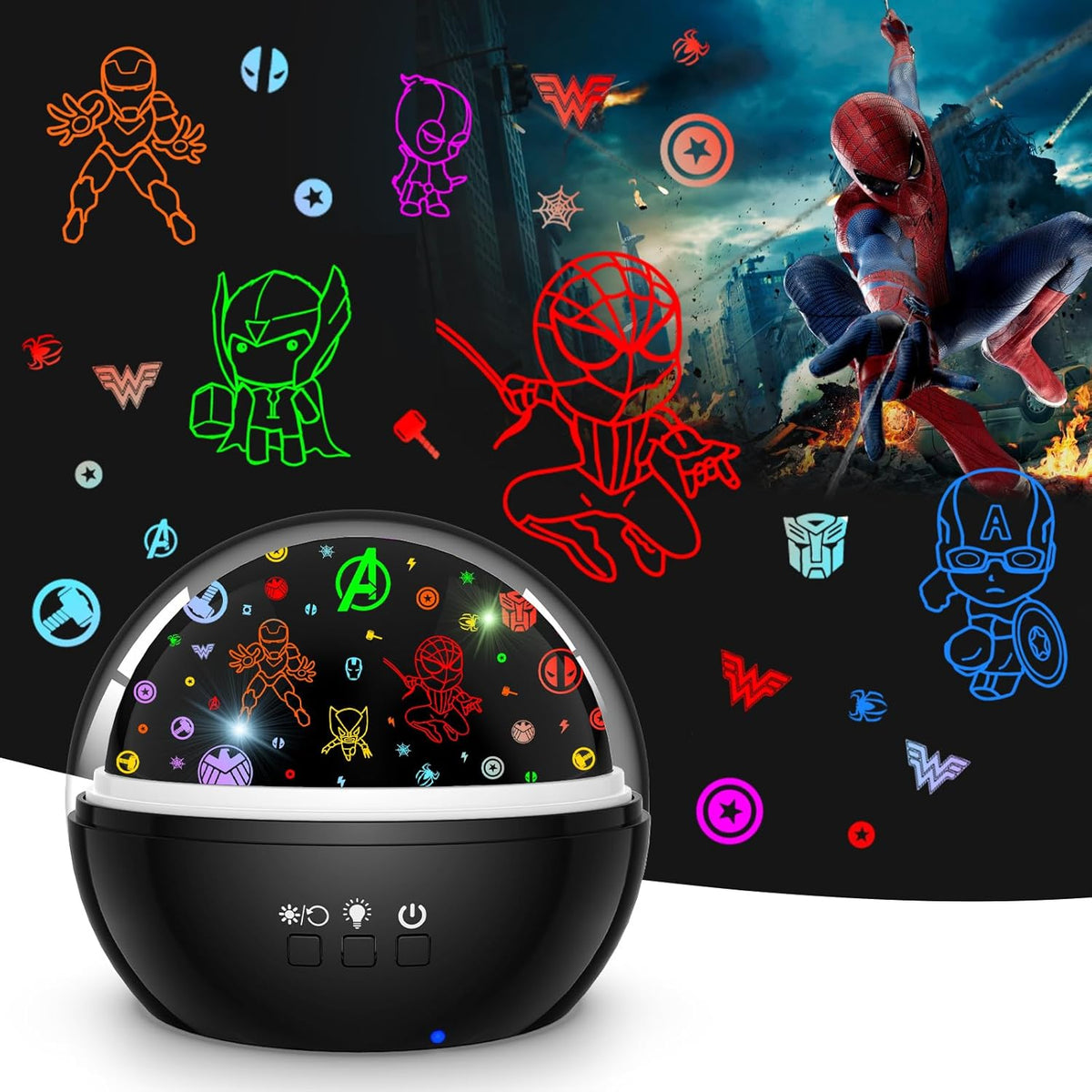 Superhero Night Light Projector for Boy,Kids Night Lights with Spiderman and Star Theme,360 Degree