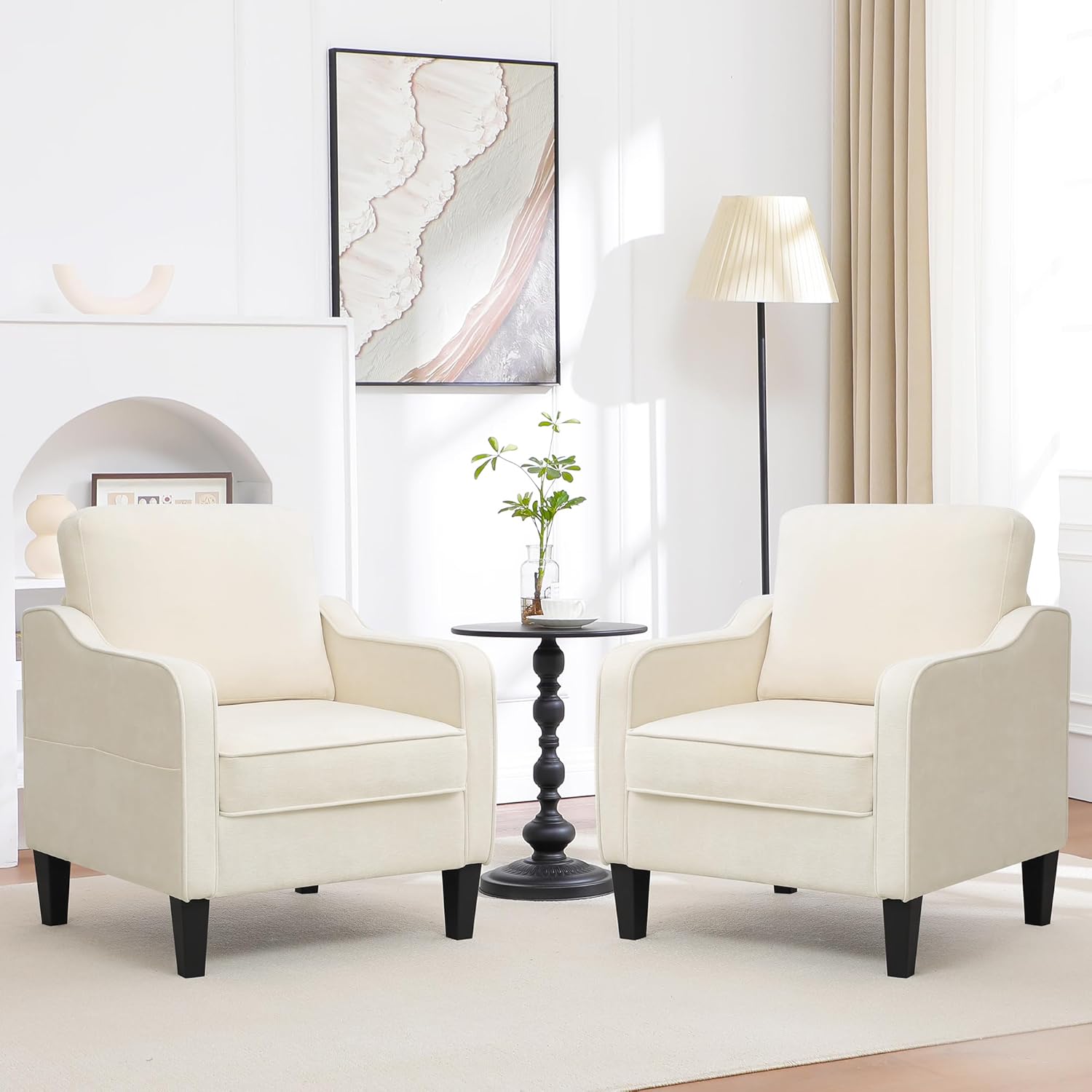 Accent Chairs Set of 2, Upholstered Living Room Chairs with Side Pockets, Mid Century Modern
