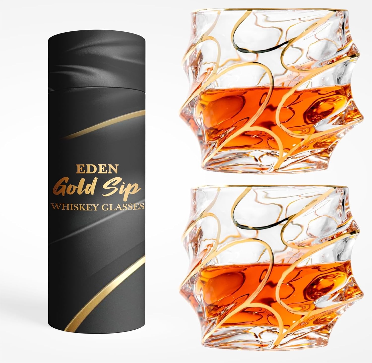 EdensDECOR Whiskey Glasses Gift Set (24k Gold Plated) Luxury Gift For Men, Bourbon, Scotch, Dad
