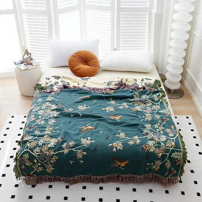 Snycler Boho Throw Blanket for Bed - 100% Cotton Ultra Soft Rustic Quilt Blanket Green Floral Bird
