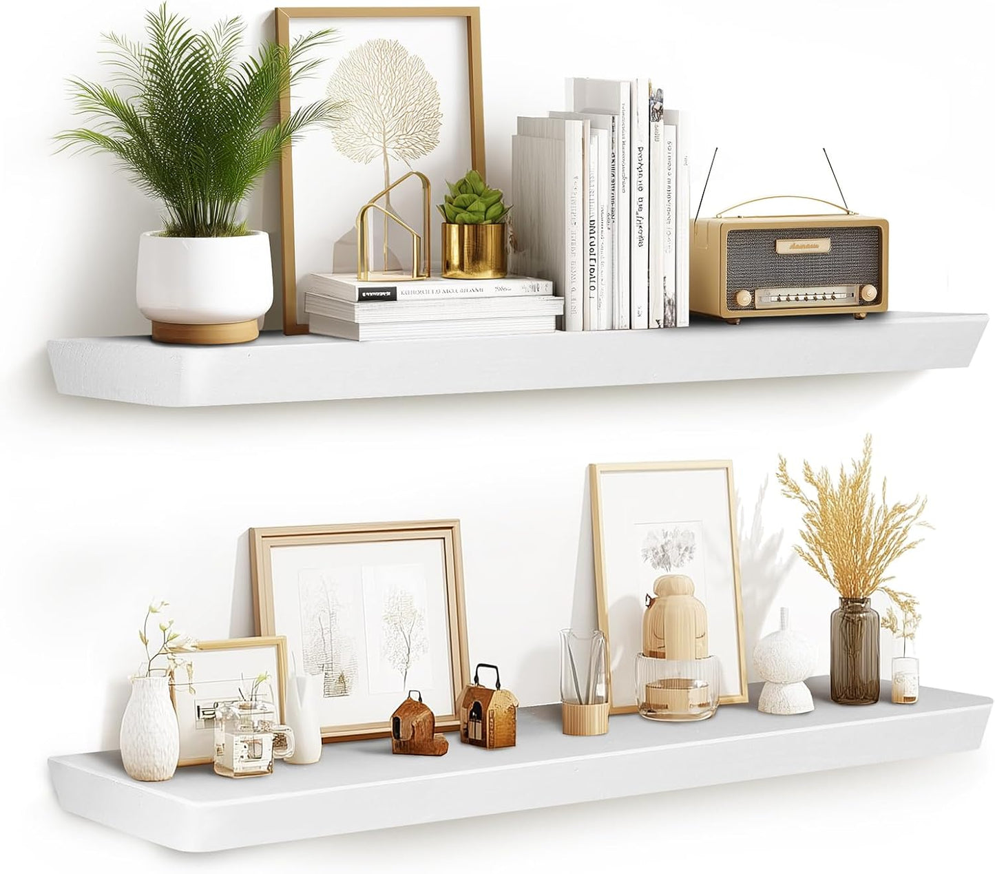 36"x6.8"x1.6" Slanted Floating Wall Shelves 2-Pack - Rustic White Finish, Heavy-Duty Solid Wood