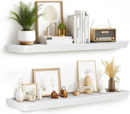 36"x6.8"x1.6" Slanted Floating Wall Shelves 2-Pack - Rustic White Finish, Heavy-Duty Solid Wood