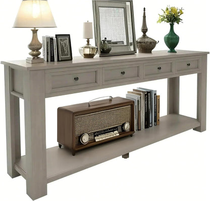 Solid Wood Console Table,Long Sofa Table Entryway Table with 4 Drawers and Bottom Shelf for Hallway