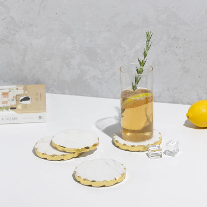 Set of 6 Real Marble Coasters with Golden Borders, decoratice White & Gold Coasters for Desk