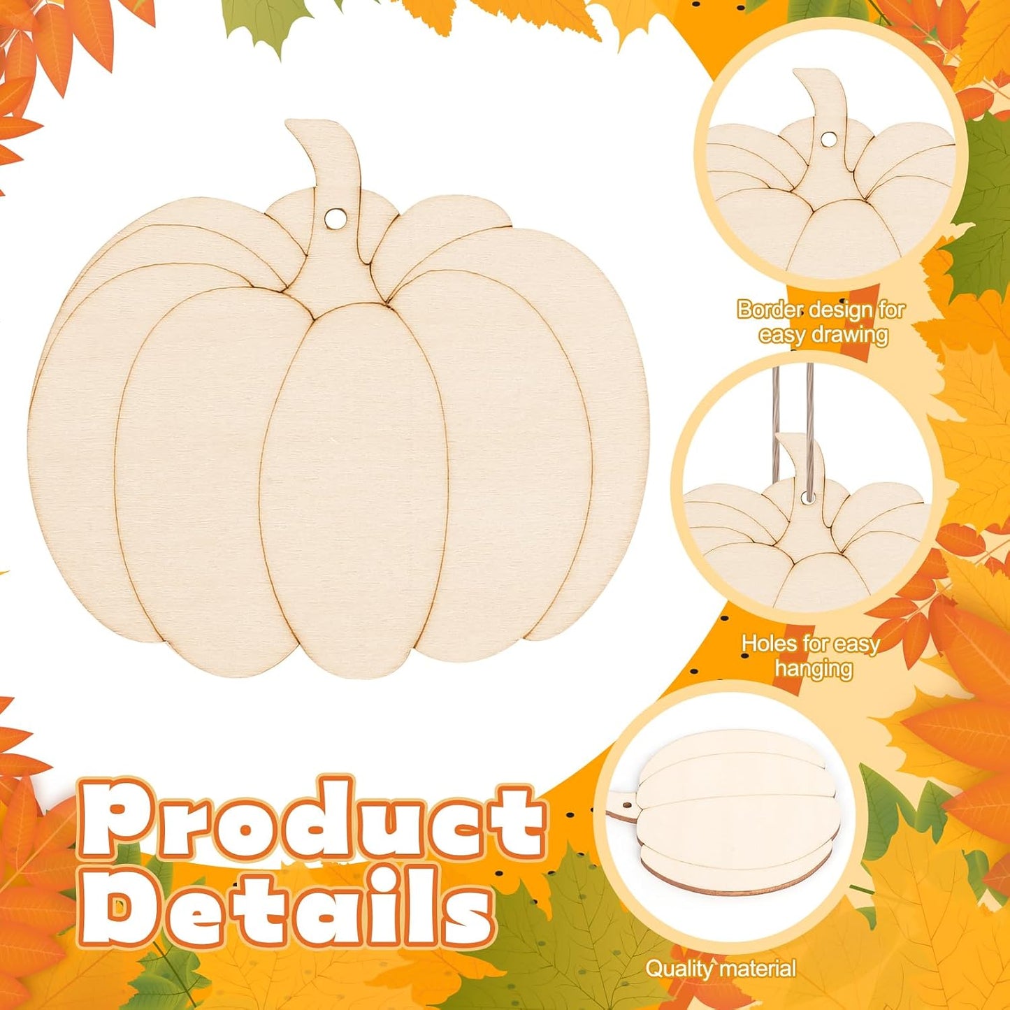 24 PCS Unfinished Wooden Fall Crafts, Pumpkin Shaped Hanging Ornaments DIY Wood Craft Cutouts for