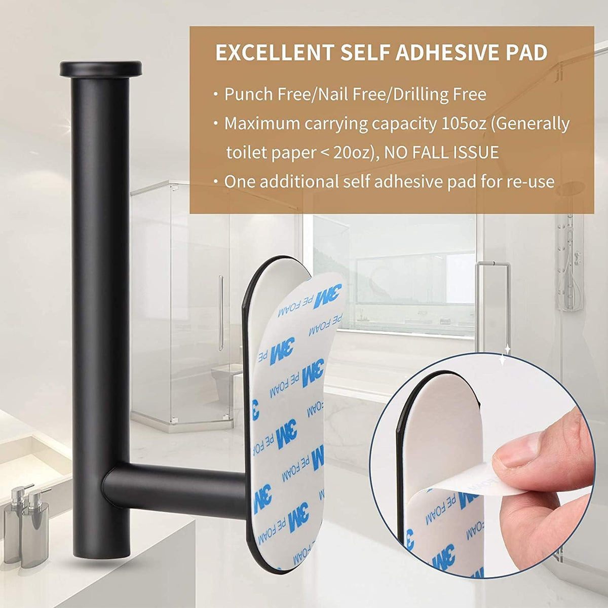 Toilet Paper Holder,Matt Black, Wall Mount,Upgraded Adhesive Toilet Paper Roll Holder,no